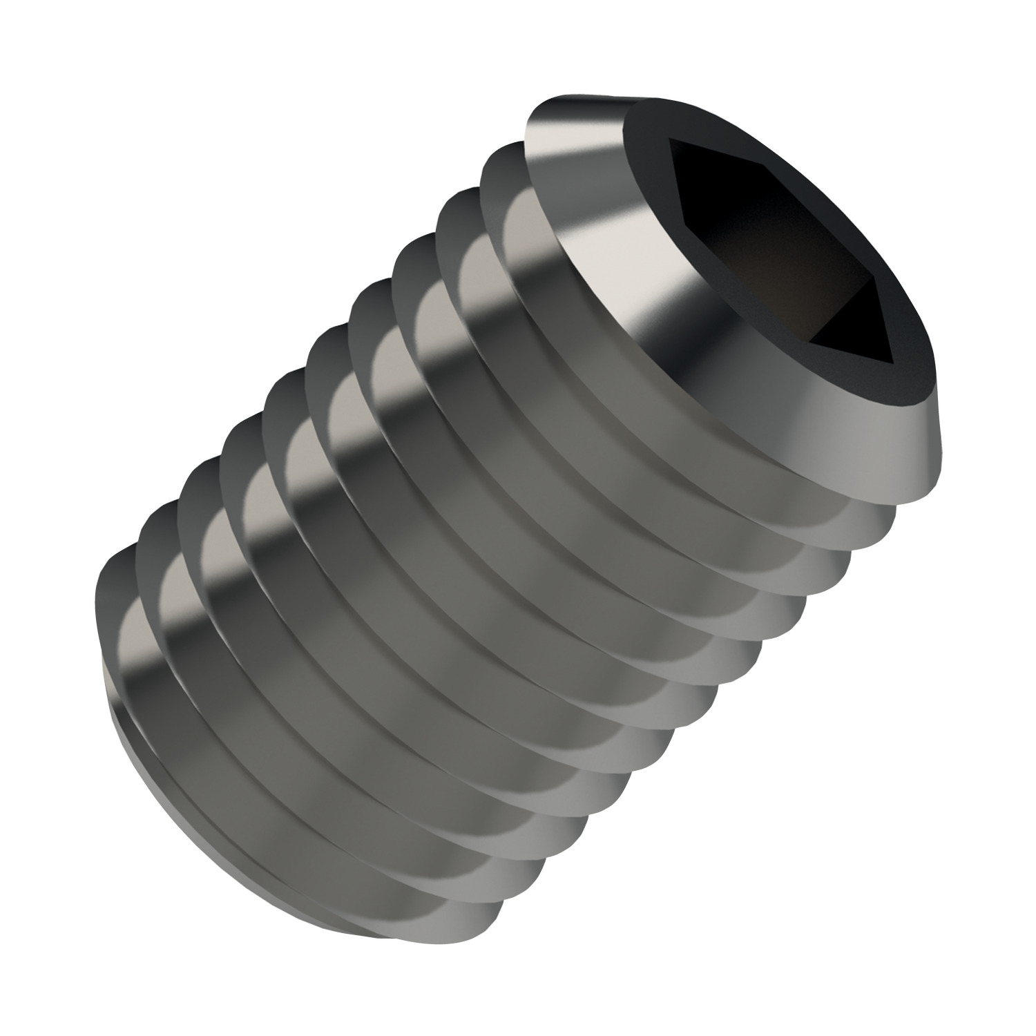 sideview of dark silver coloured flat point socket screw with threaded all the way